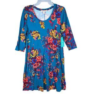The Pioneer Woman Blue Floral Dress 3/4 Sleeve Rayon Spandex Blend Size S (4-6)